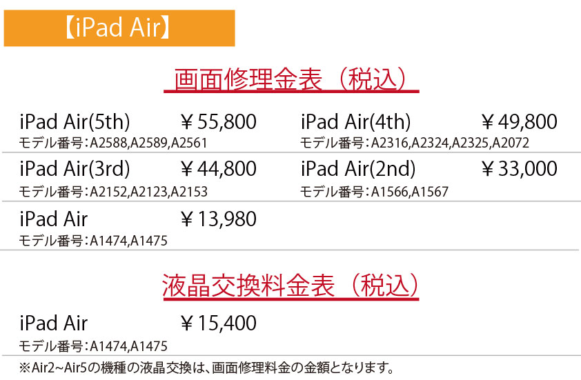 iPad Air画面ガラス割れ料金表