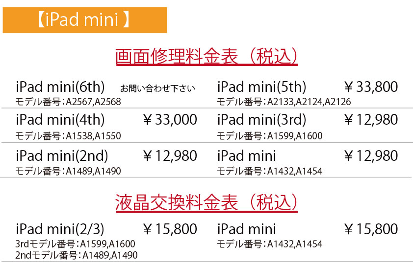 iPad mini画面ガラス割れ料金表